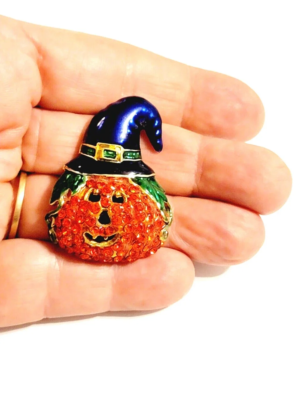 Rhinestone Halloween Brooch Pin Pumpkin Orange Enamel Festive Jewelry h-100